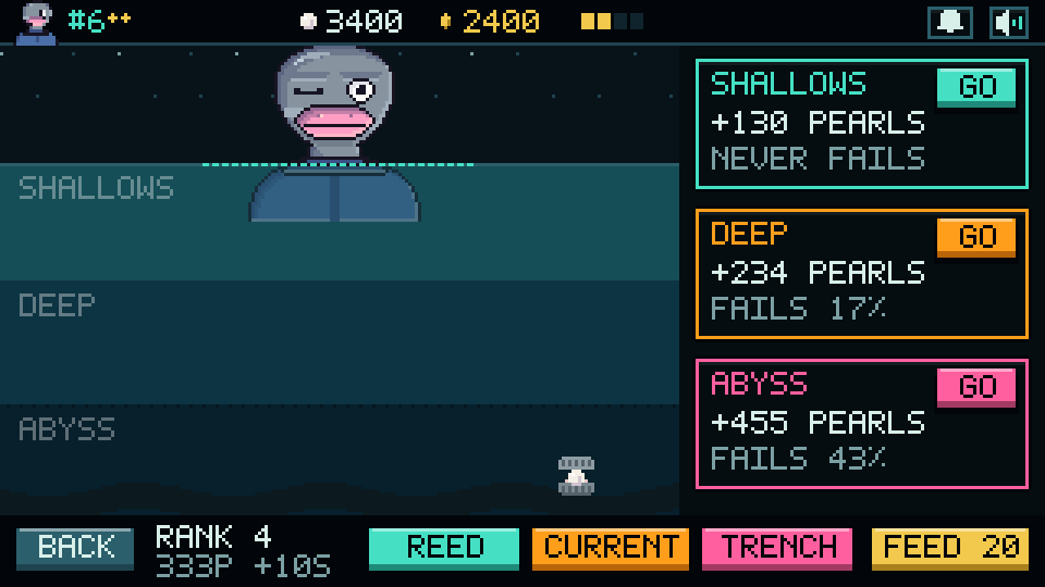 The dive screen with three depths, their Pearls and fail chances, and lesson and feed buttons along the bottom.