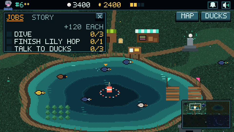 The pond, with the top bar, the jobs panel on the left, the MAP and DUCKS buttons and the mini map.