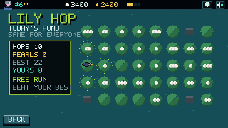 The Lily Hop board: five rows of eight lily pads with pearls on them, a few rocks, and the duck on the left.